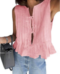 Cicy Bell Womens Bow Front Tie Tank Top - Pleated Babydoll Coquette