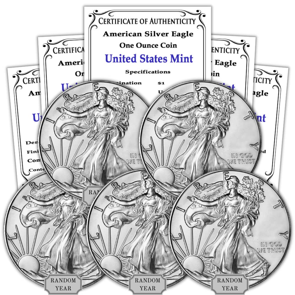 1 oz Silver American Eagle Coins Lot of 5 with Certificates
