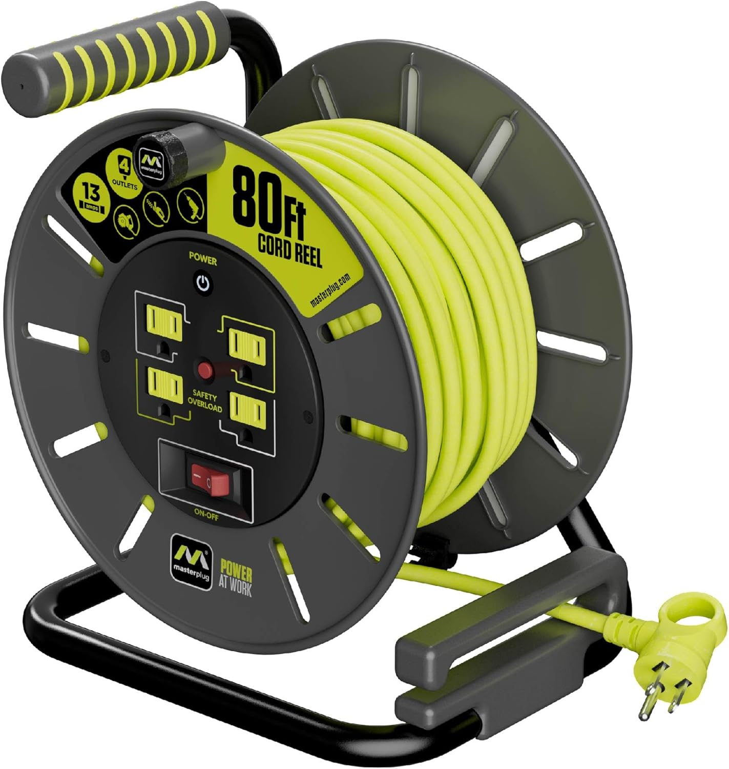 80ft Cord Reel with Safety Overload Circuit Breaker and 4 Outlets