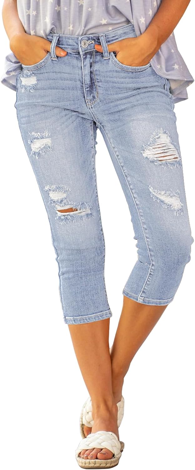 Luvamia Womens Capri Jeans High Waisted Skinny Ripped Denim