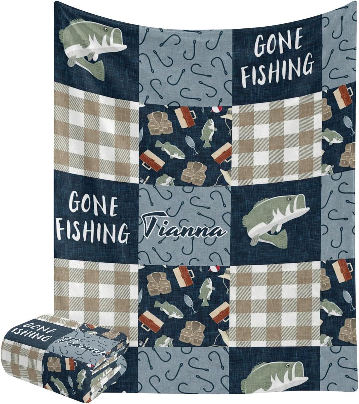 Personalized Fishing Plaid Baby Blanket - Custom with XOZOTY