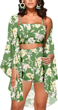 Women 3 Piece Floral Kimono Beach Cover Up Set - Lightweight Vacation