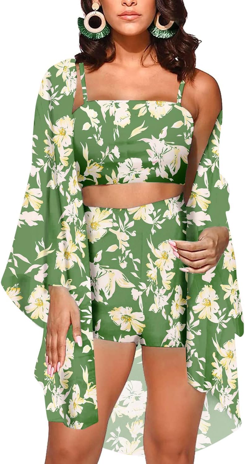 KEYUFANG Women 3 Piece Floral Kimono Summer Outfit Set