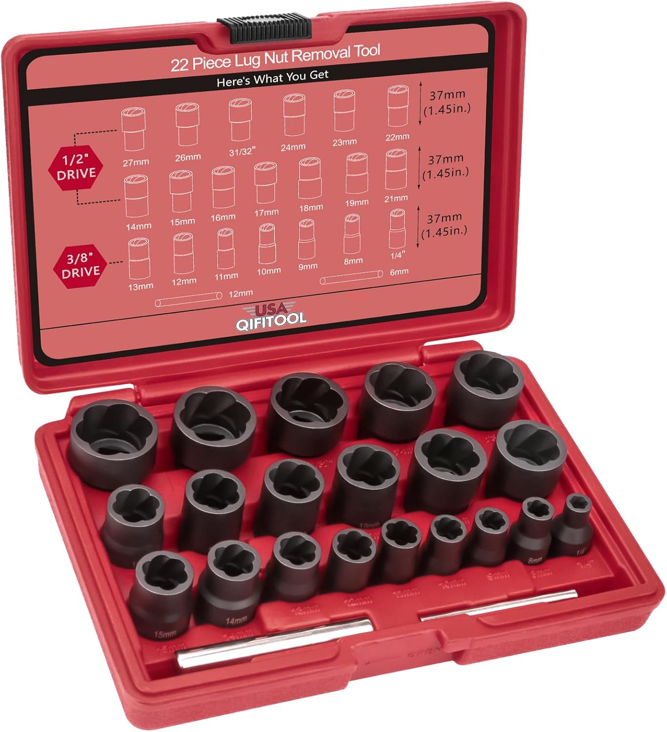 22PCS Bolt Extractor Set for Easy Out Stripped Lug Nut Removal