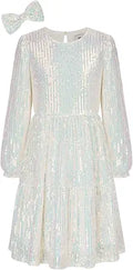 GRACE KARIN Girl's Long Sleeve Sequined A-Line Dress with Bow