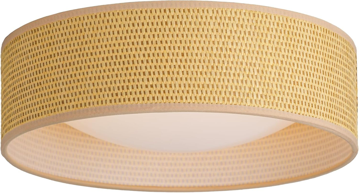 13in Woven Rattan-Style Boho Flush Mount Ceiling Light Fixture