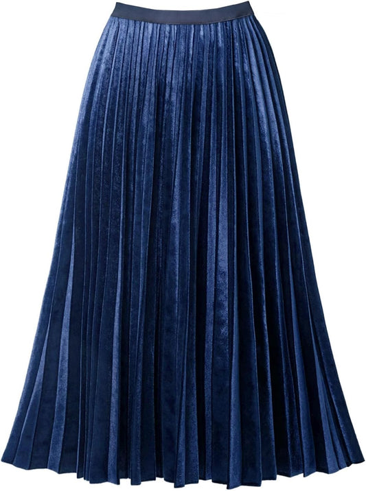 GOOBGS Women's Pleated A-Line High Waist Midi Skirt for All