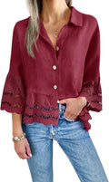 Cicy Bell Womens 3/4 Bell Sleeve Button Down Shirt - Flowy Eyelet