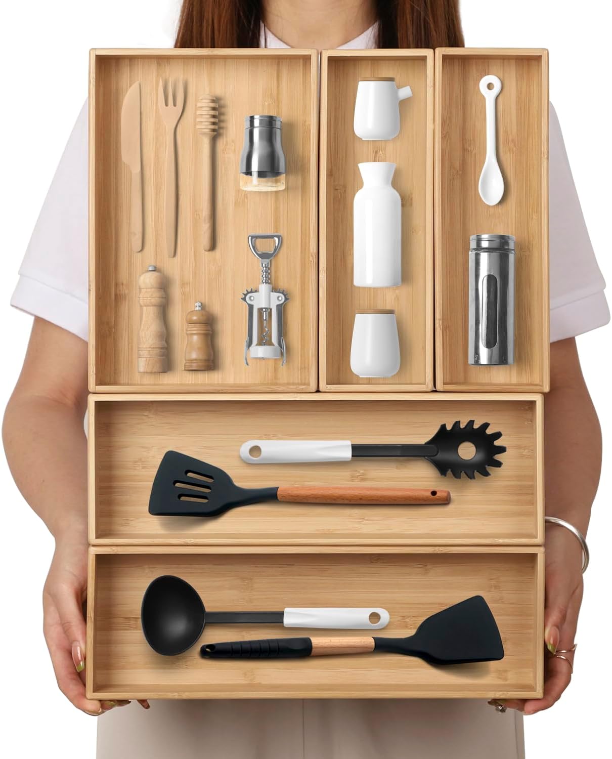 Stack Bamboo Drawer Organizer Set of 5 for Kitchen and Home