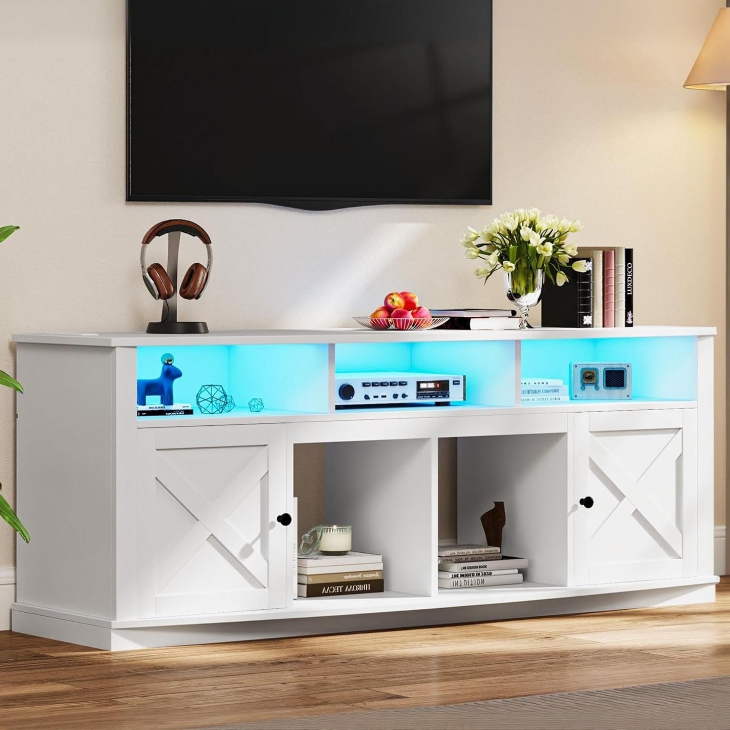 DWVO White TV Stand: Barn Doors, LED Lights, Power Outlet