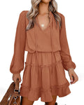 Long Sleeve Fall Dress Tie Neck Ruffle Tiered A Line Mini Dress