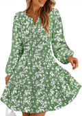 Floral Boho V Neck Mini Dress for Women - Long Sleeve, Pockets