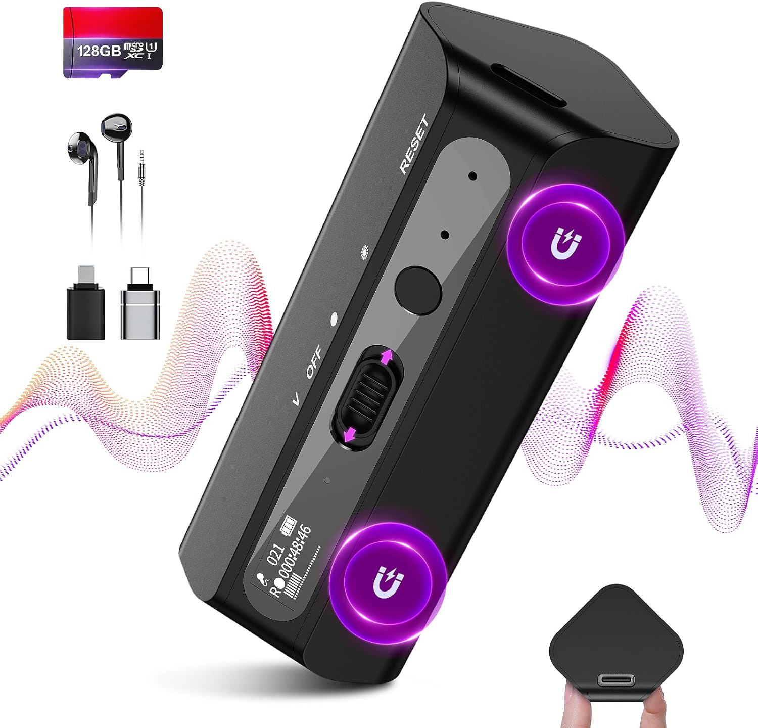 128GB Magnetic Voice Recorder with AI Noise Reduction Technology