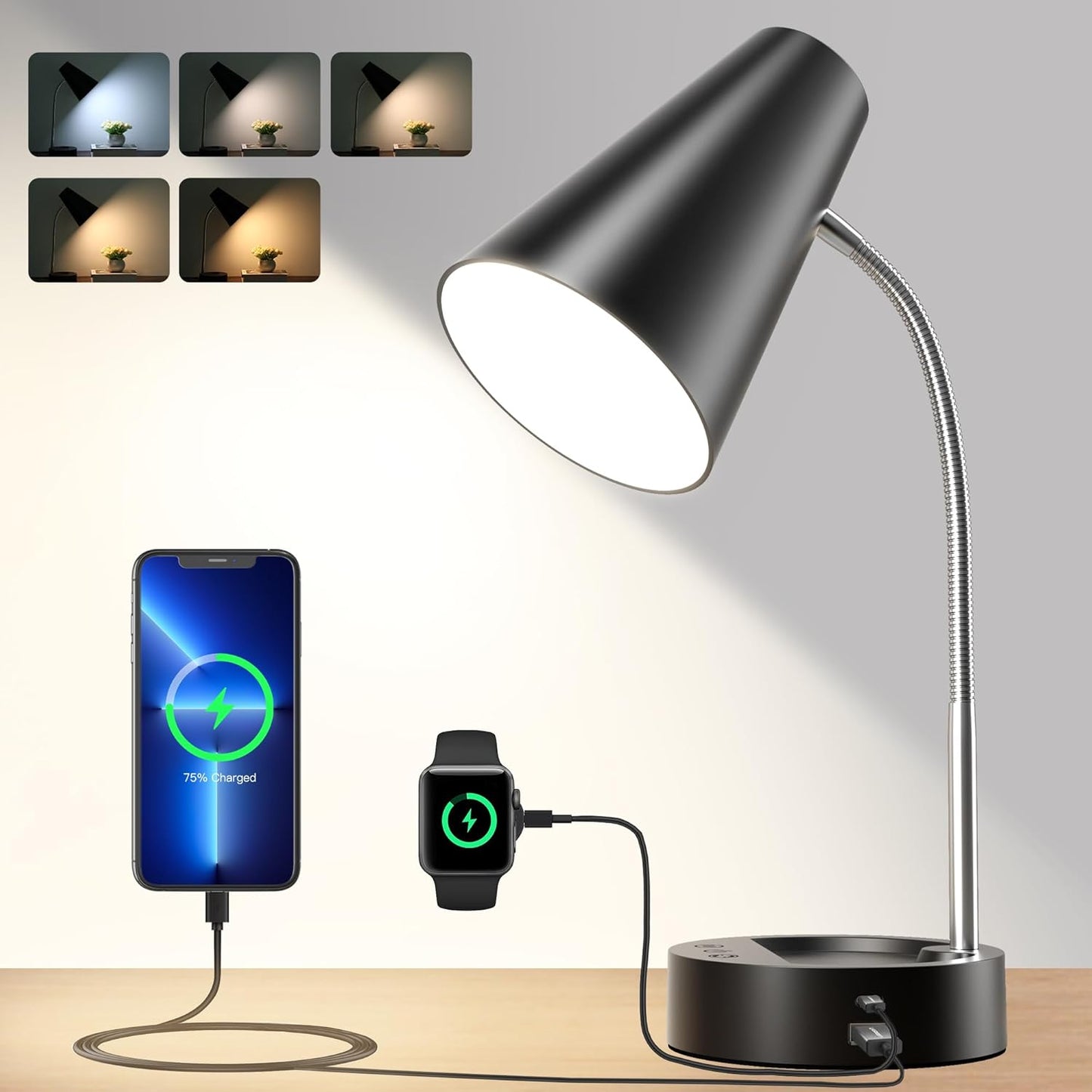 RUNTOP Black Desk Lamp: Flexible, USB & Type C Ports