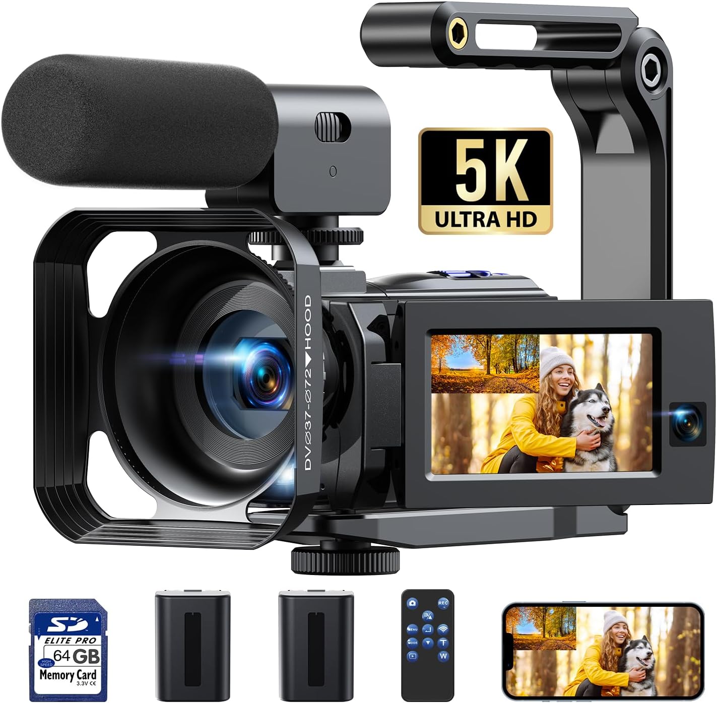 FIREFOTO: 5K Camcorder with Dual Lens, Night Vision, WiFi - Vlog, Zoom, 64GB SD