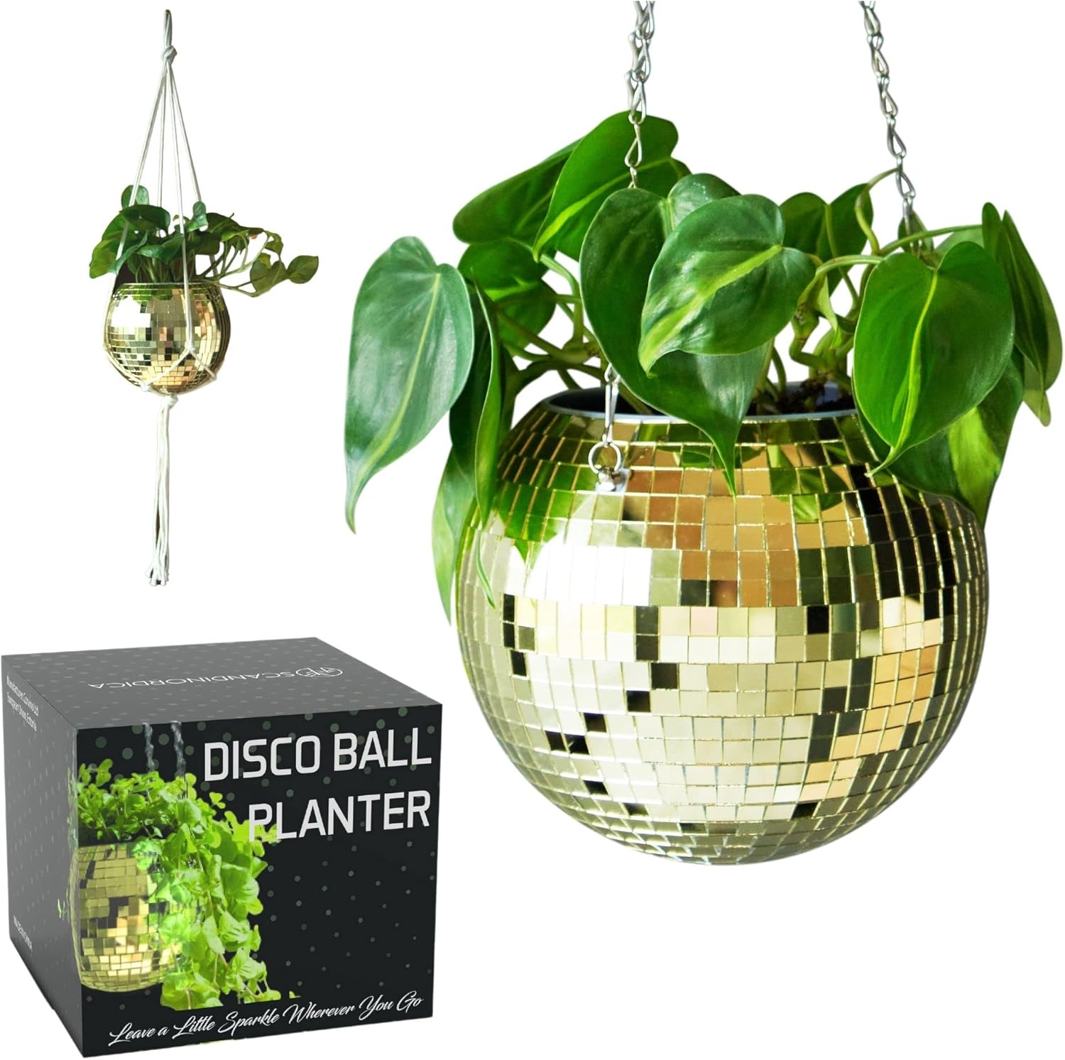 Disco Ball Planter with Chain and Macrame Hanger for Plants