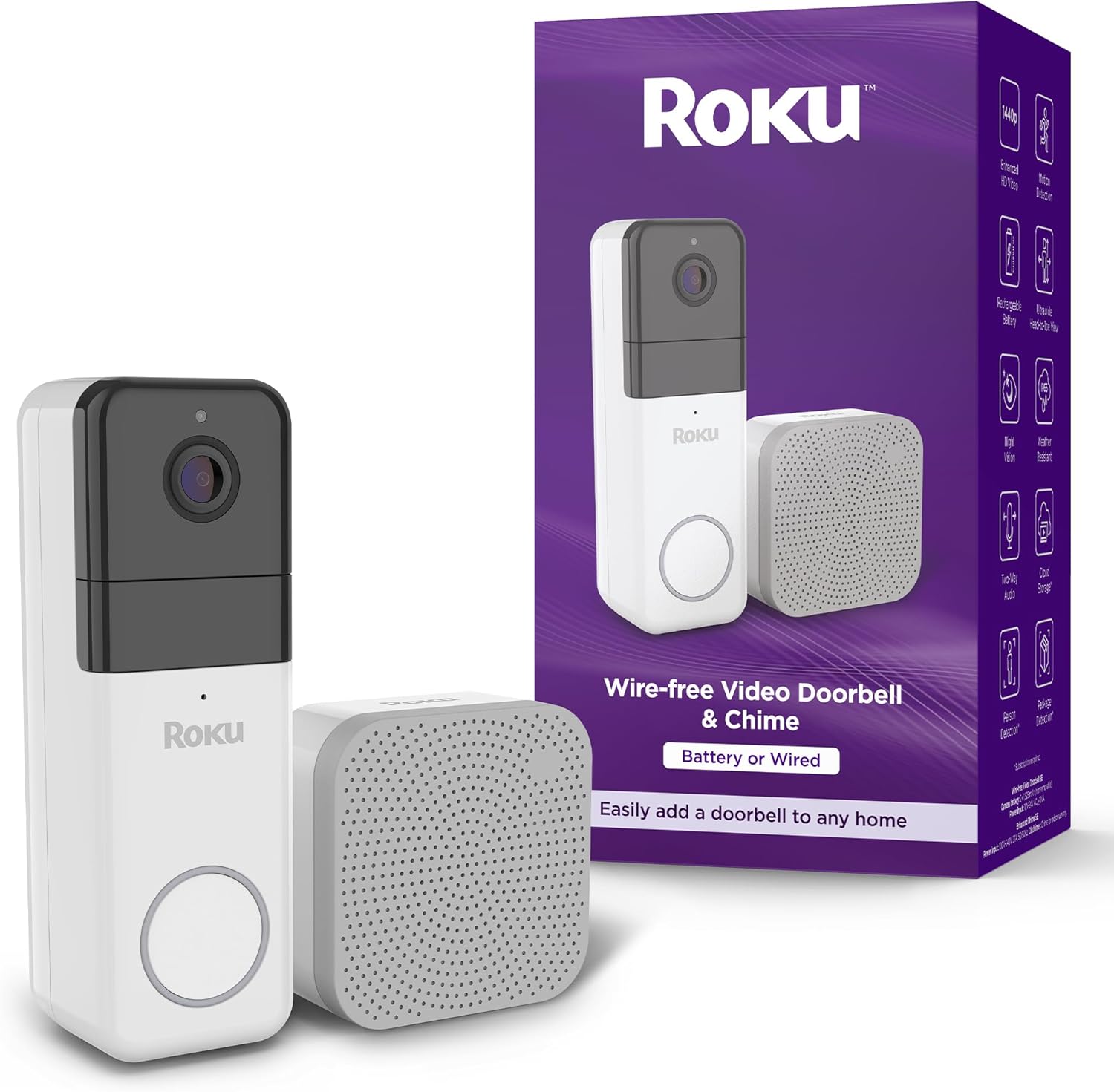 Roku Smart Home Wireless Video Doorbell with Chime & Night Vision