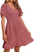 Womens Beach Vacation Smocked Swiss Dot Mini Dress - Flowy V Neck