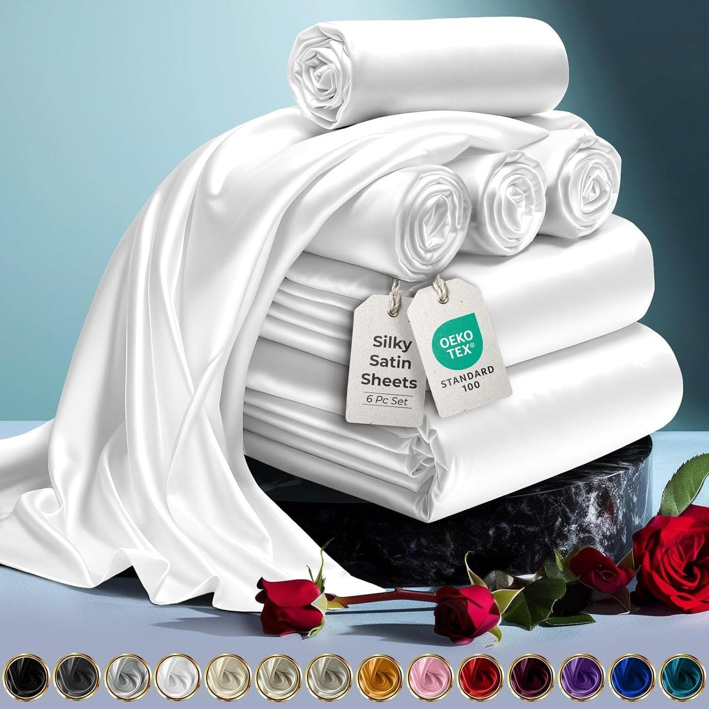 DECOLURE Satin Bed Sheets - Luxurious 6 Piece Queen Set