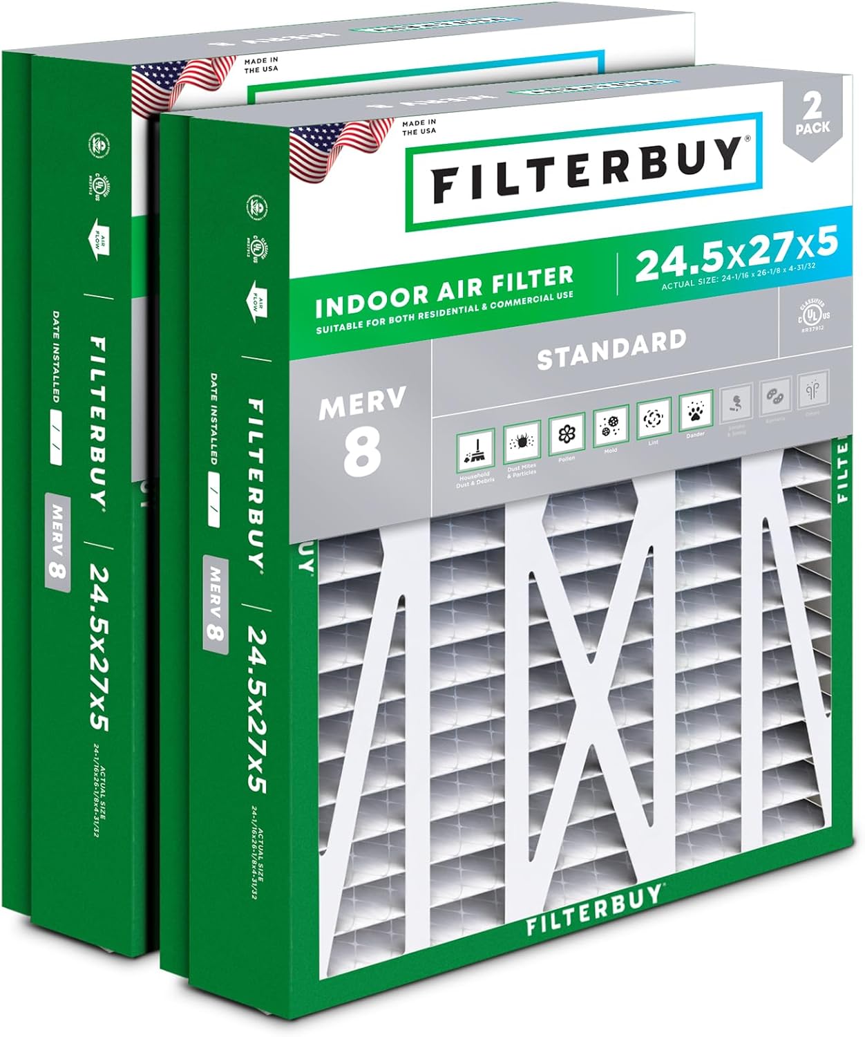 Filterbuy 24.5x27x5 Air Filter MERV 8 for Dust and Allergies