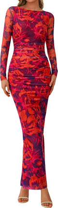 PRETTYGARDEN Long Sleeve Bodycon Maxi Dress - Floral 2025