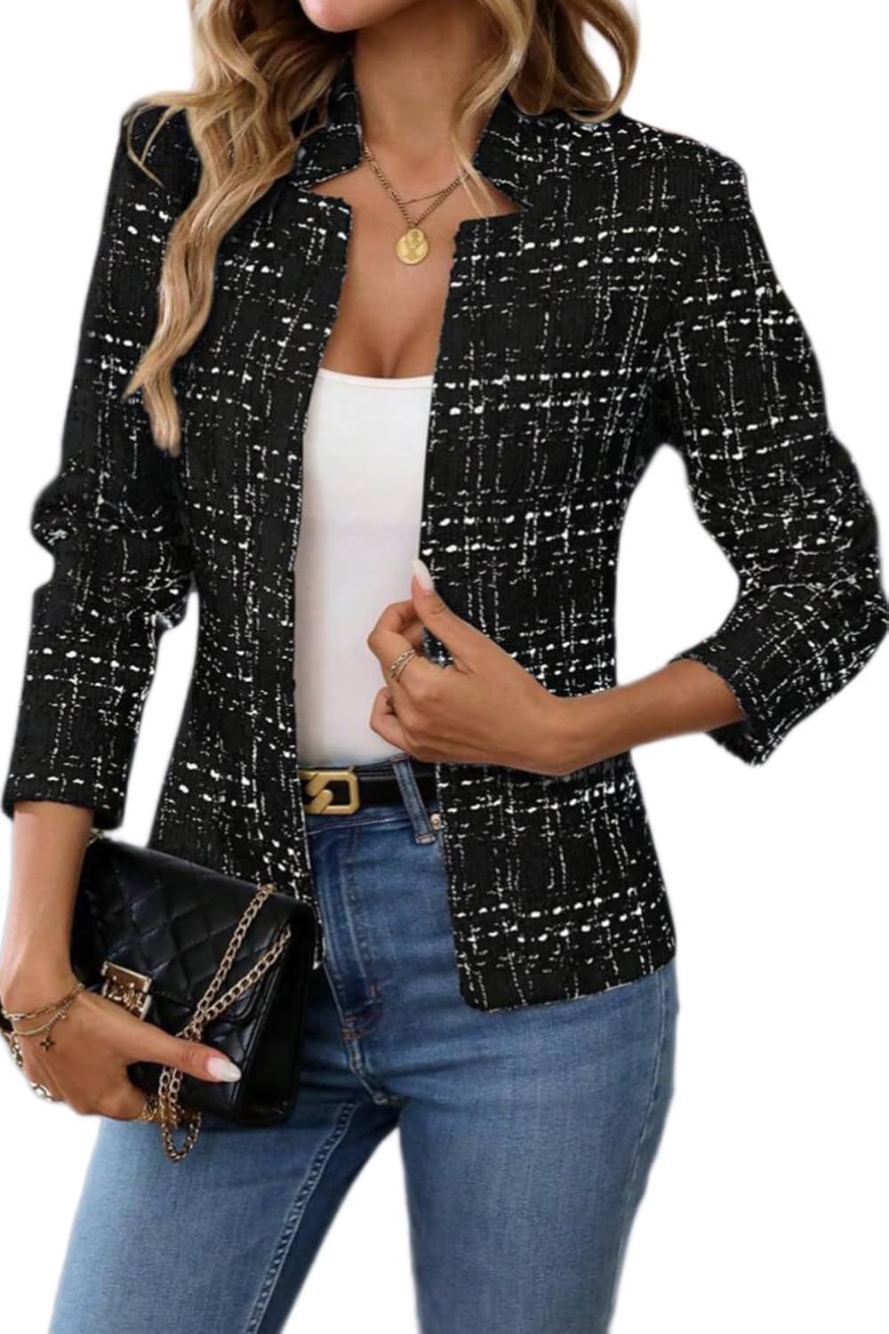 ELLEVEN Womens' Tweed Blazer Long Sleeve Jacket for Work
