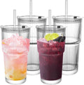 Ribbed Drinking Glasses with Lids and Straws - 19oz 4-Pack