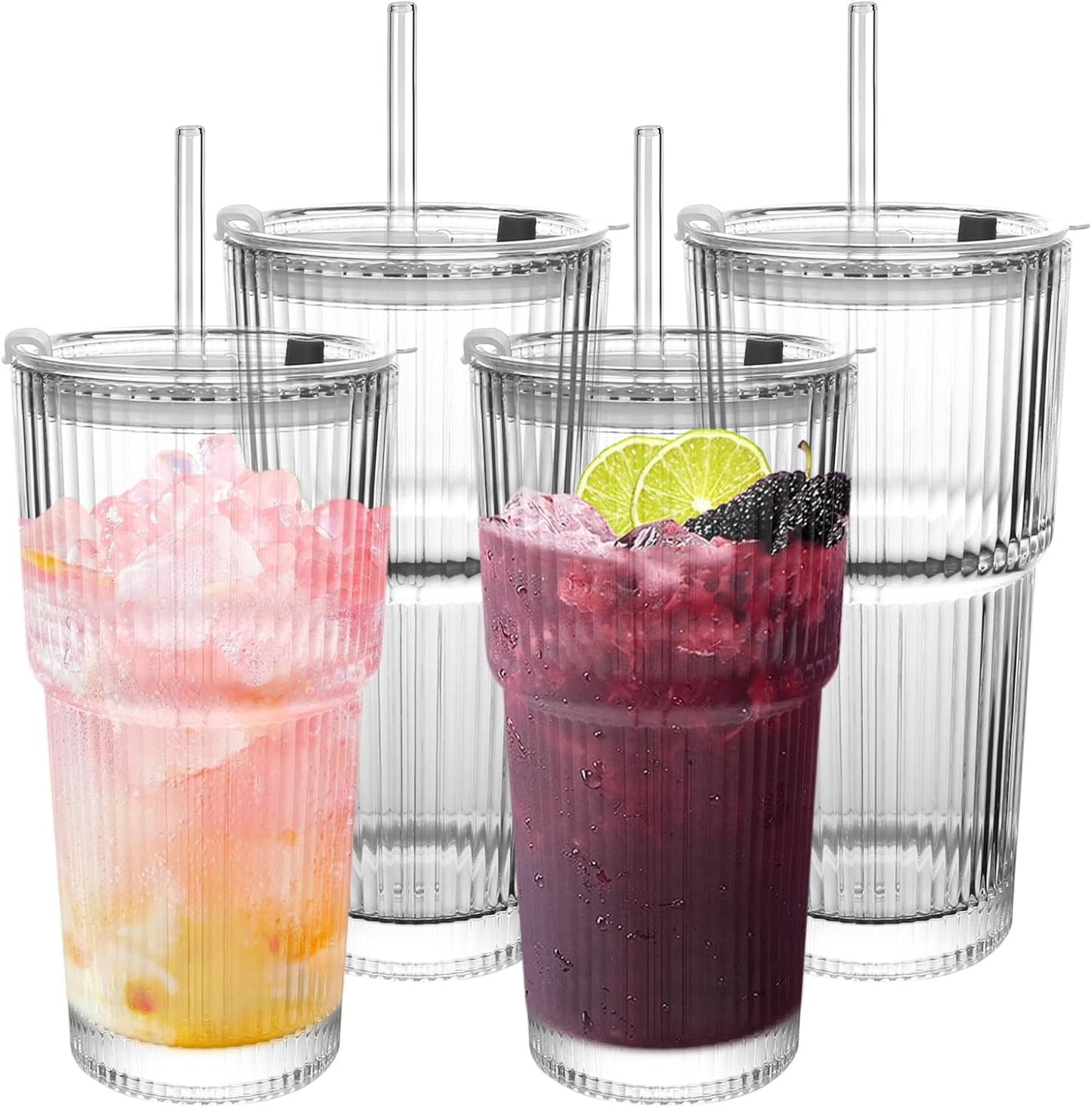Ribbed Drinking Glasses with Lids and Straws for Every Occasion
