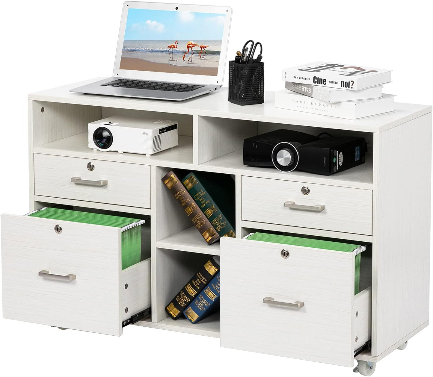VINGLI Wood Mobile File Cabinet with 4 Drawers and Shelves