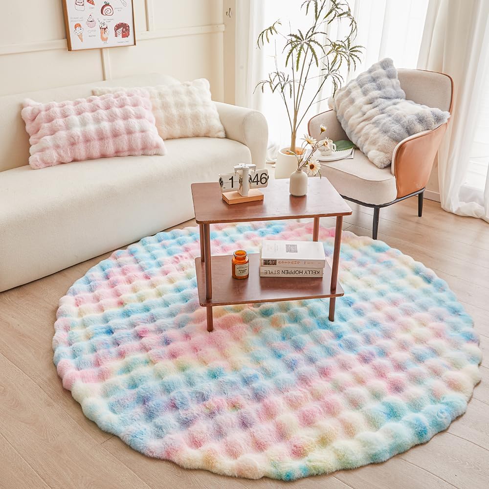 Rainbow Round Rabbit Plush Rug for Bedroom and Living Room