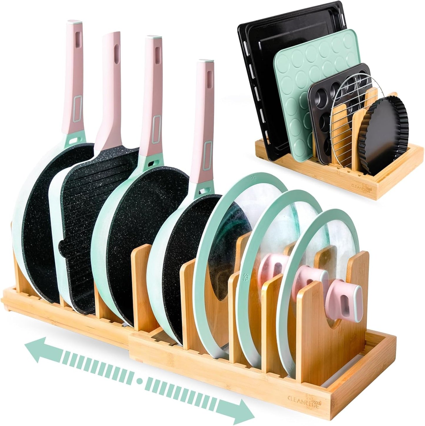 Bamboo Expandable Pots and Pans Organizer for Kitchen Storage