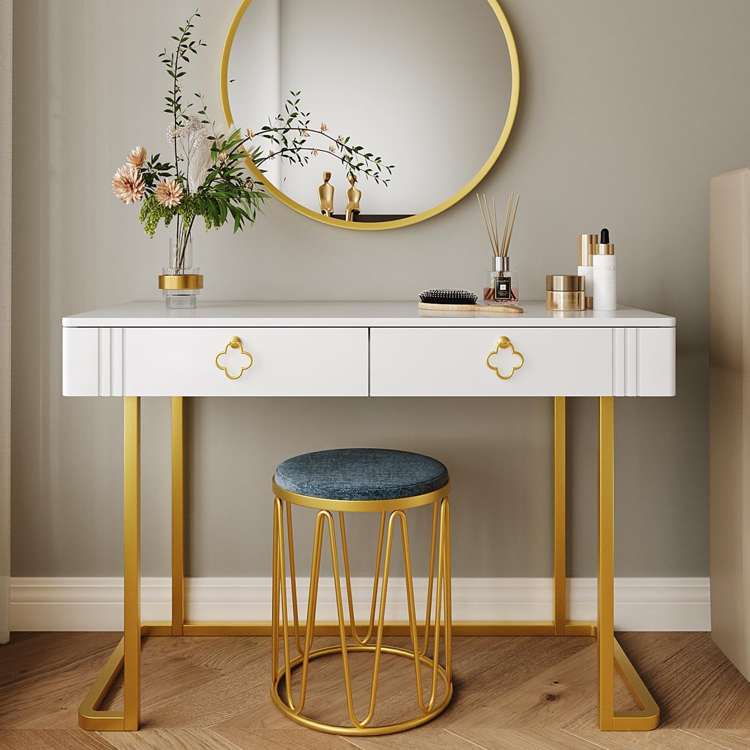 Modern Gold & White Vanity Desk with 2 Drawers