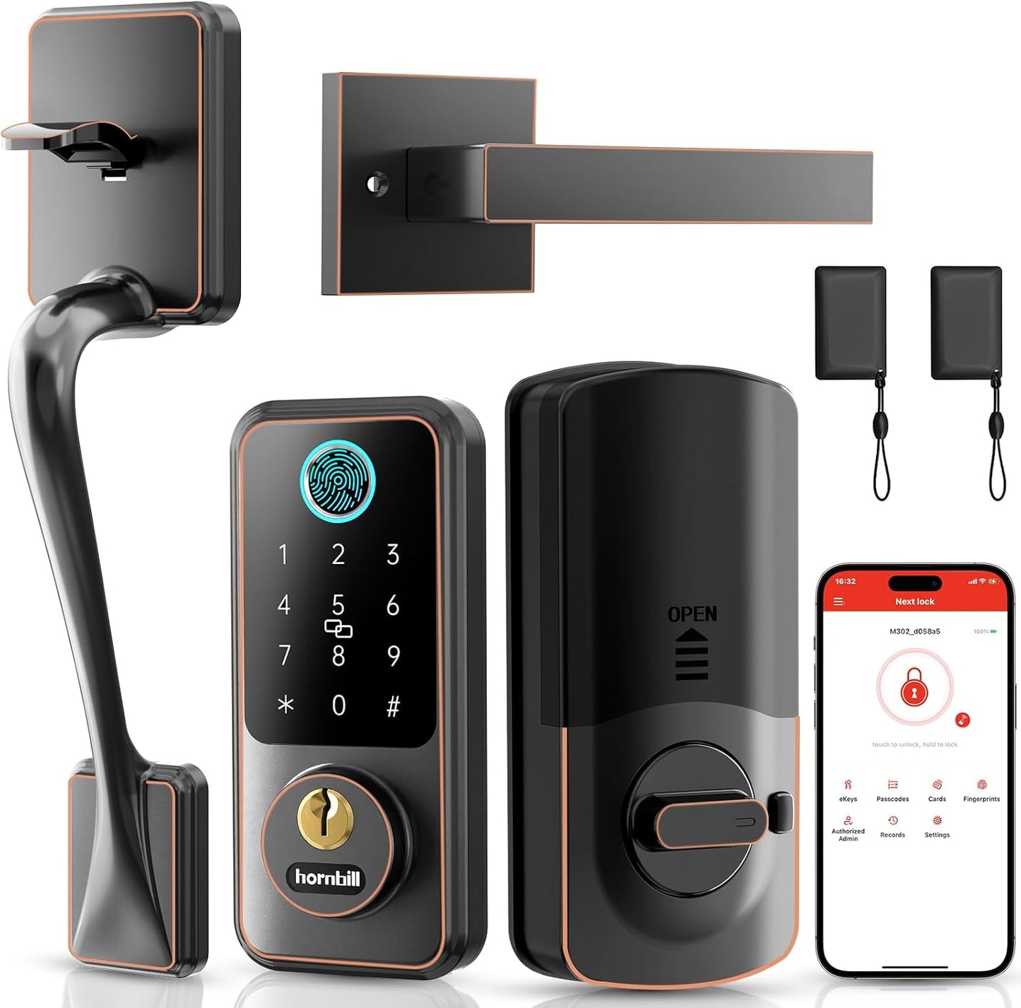 Hornbill Smart Lock Set: Keyless Entry Deadbolt with Handle