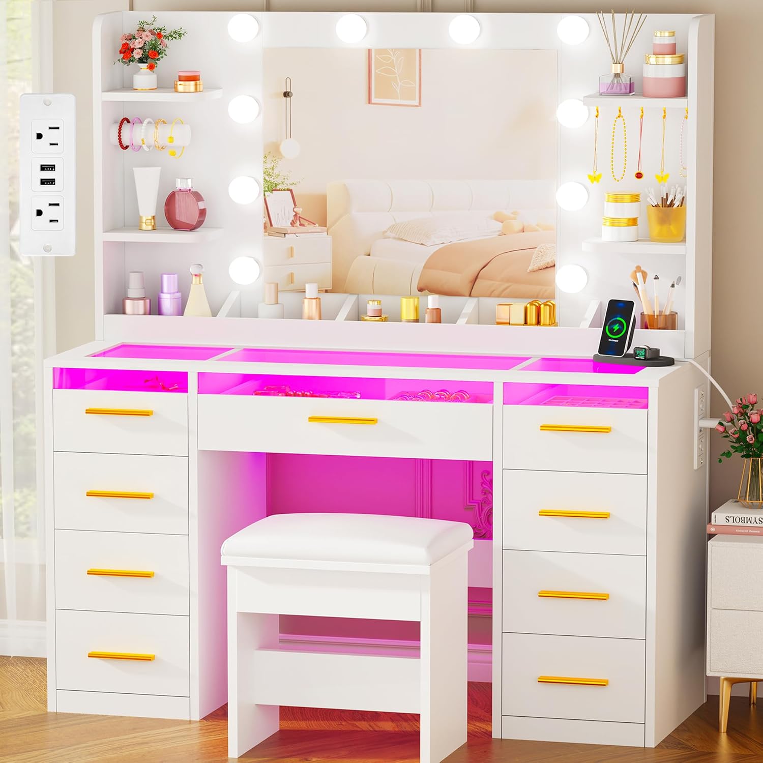 Large Makeup Vanity Desk with RGB Lights and Glass Top Design