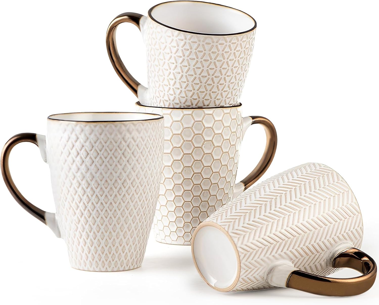 Ceramic Coffee Mug Set - 16 Oz Large Embossed Stoneware Cups