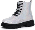 Girls Ankle Boots Lace Up Combat Boot Side Zipper - Shiny Upper Style