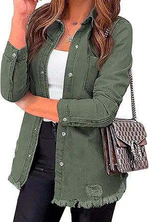 Luvamia Womens Denim Jacket Distressed Button Down Jean Shirt