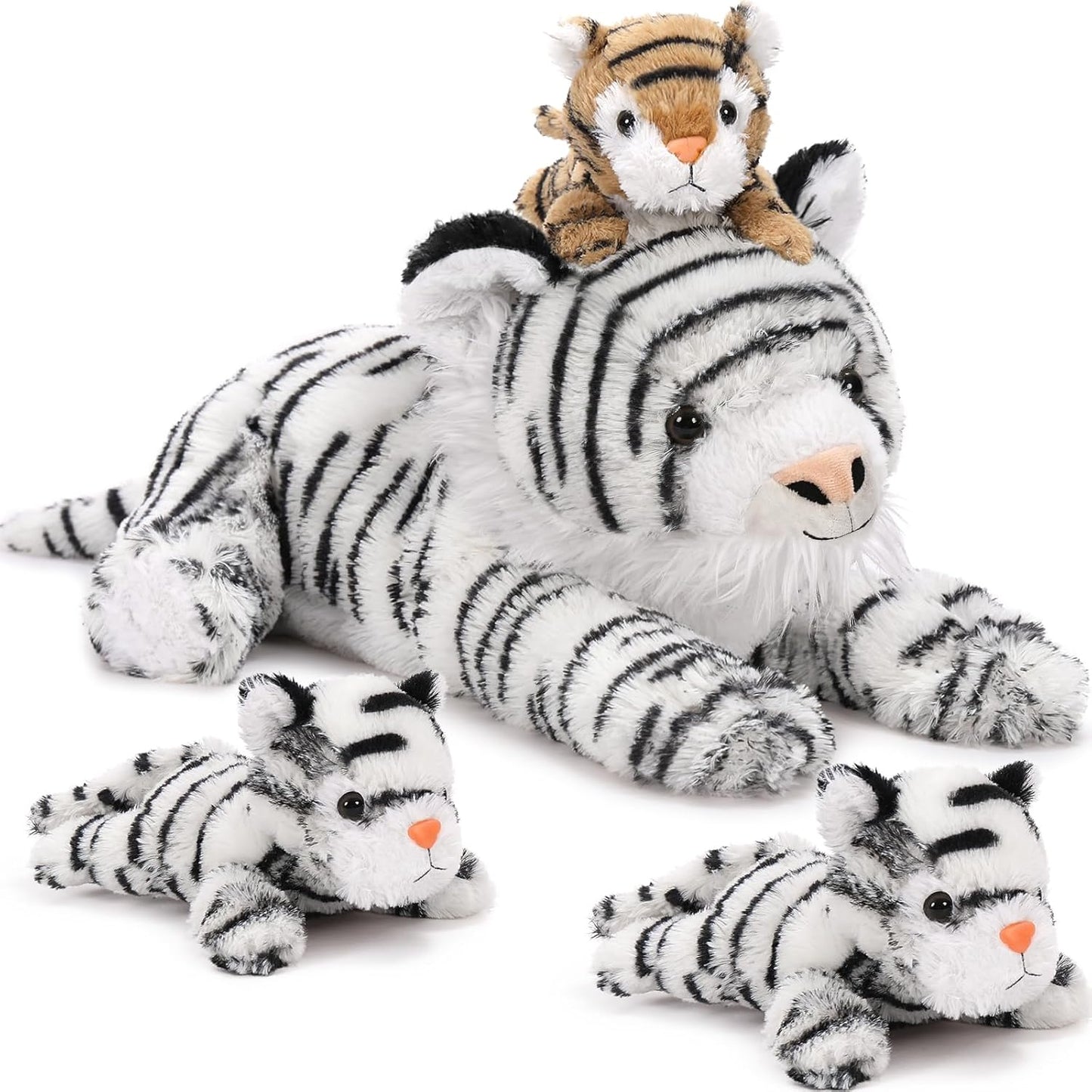 MaoGoLan White Tiger Stuffed Animals Set with 3 Cubs for Kids