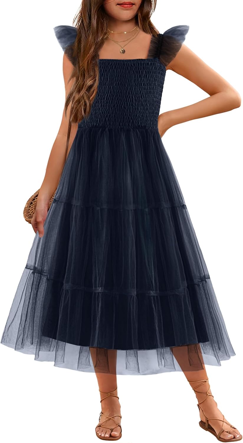 Arshiner Tween Girls Dress with Ruffle Sleeve and Tulle Skirt