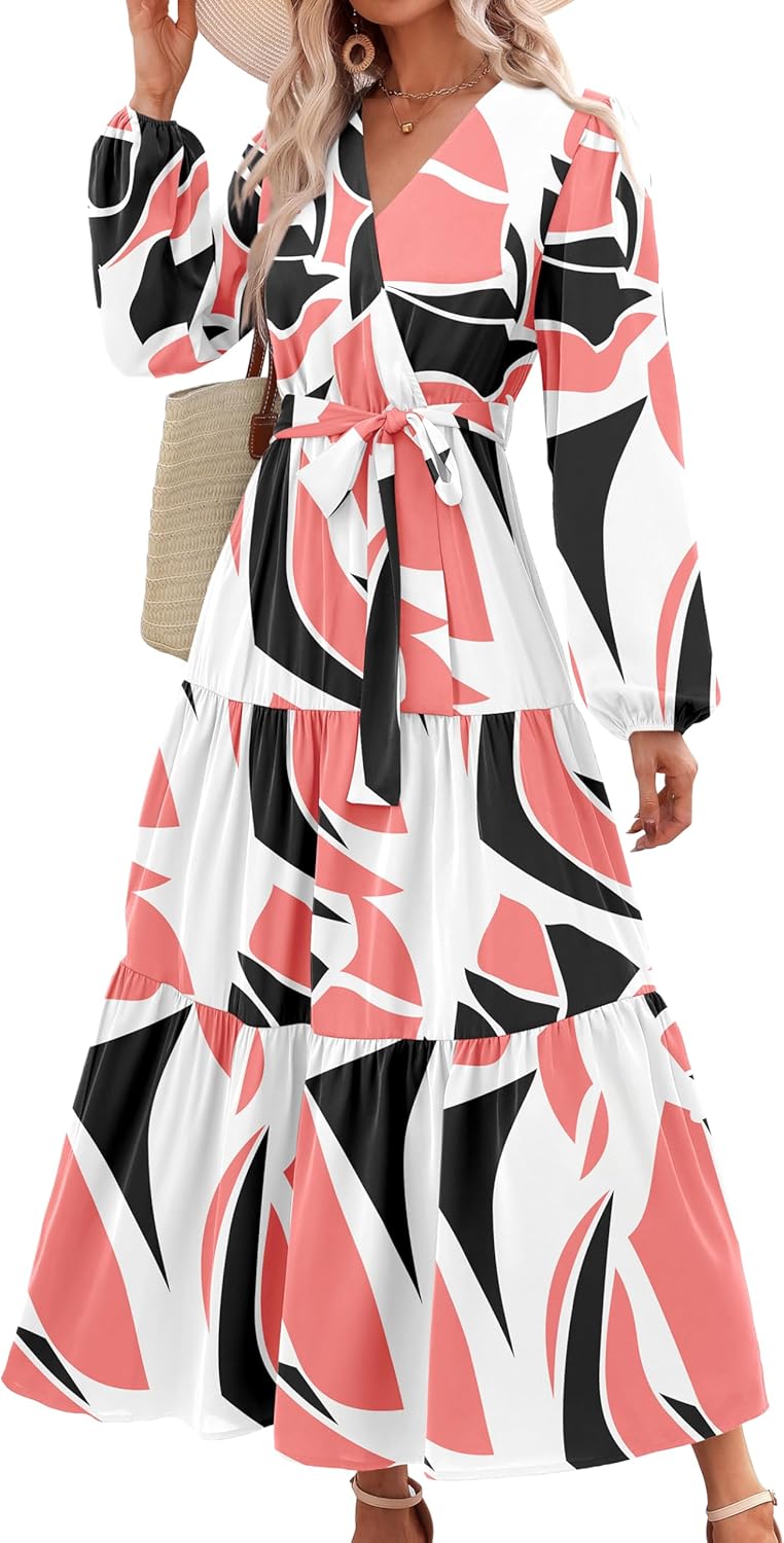 PRETTYGARDEN Womens Spring Long Sleeve Wrap V Neck Maxi Dress