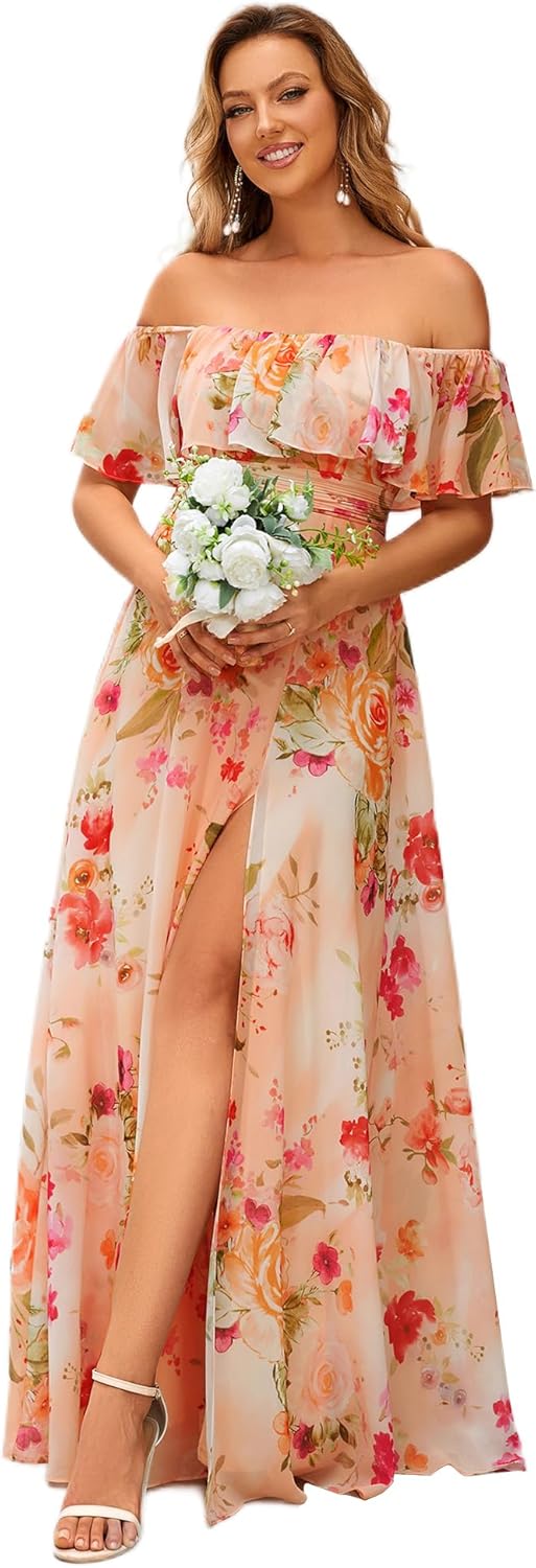 Elegant Off The Shoulder Side Split Maxi Bridesmaid Dress