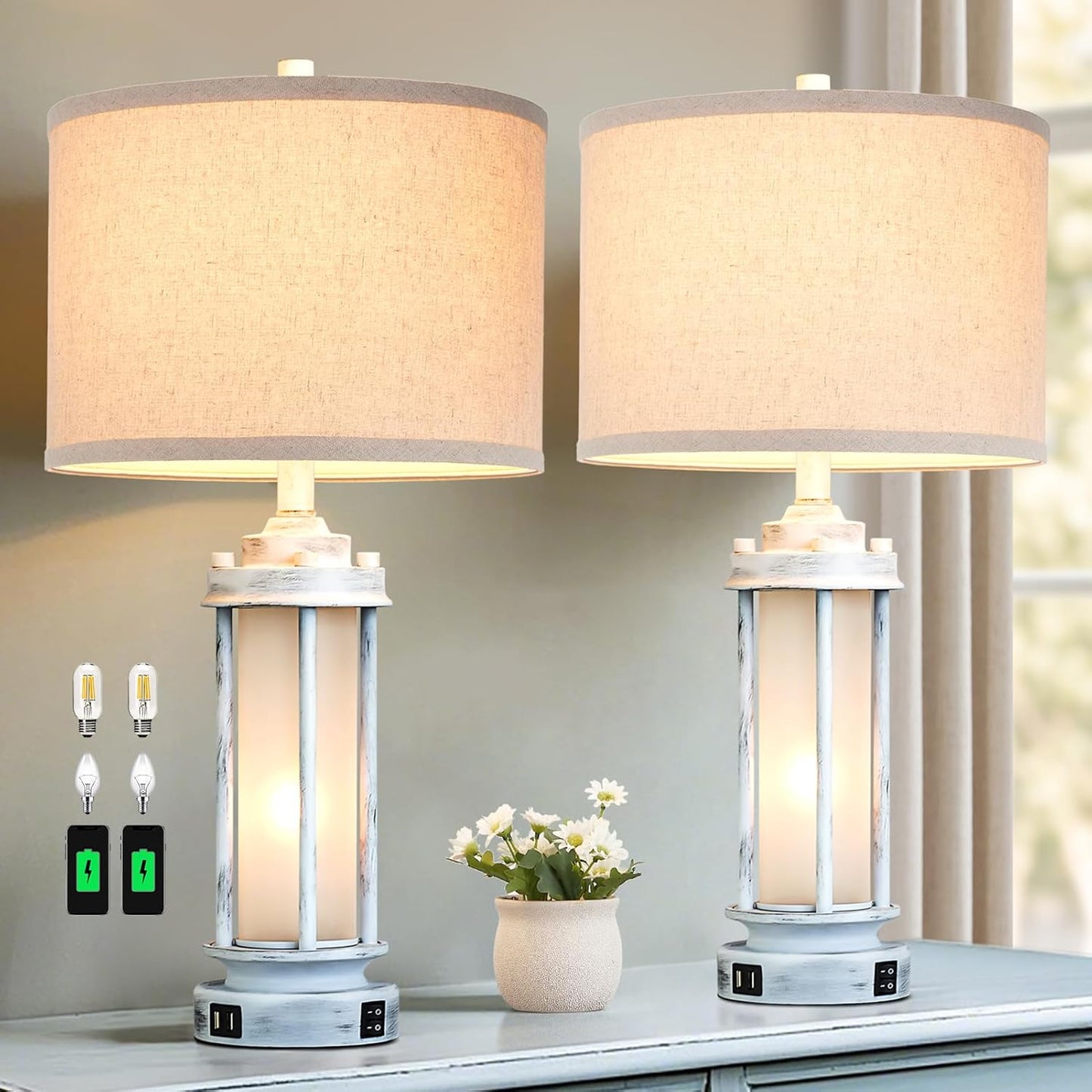 25 Rustic Table Lamps Set of 2 with USB Ports for Cozy Lighting