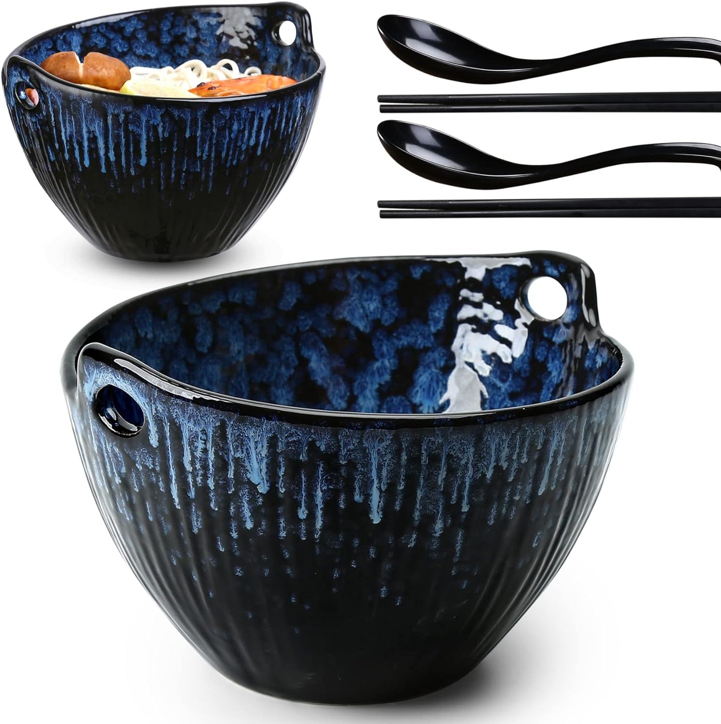 Ramen Bowl Set with Chopsticks and Spoons - 7 Inch Ceramic