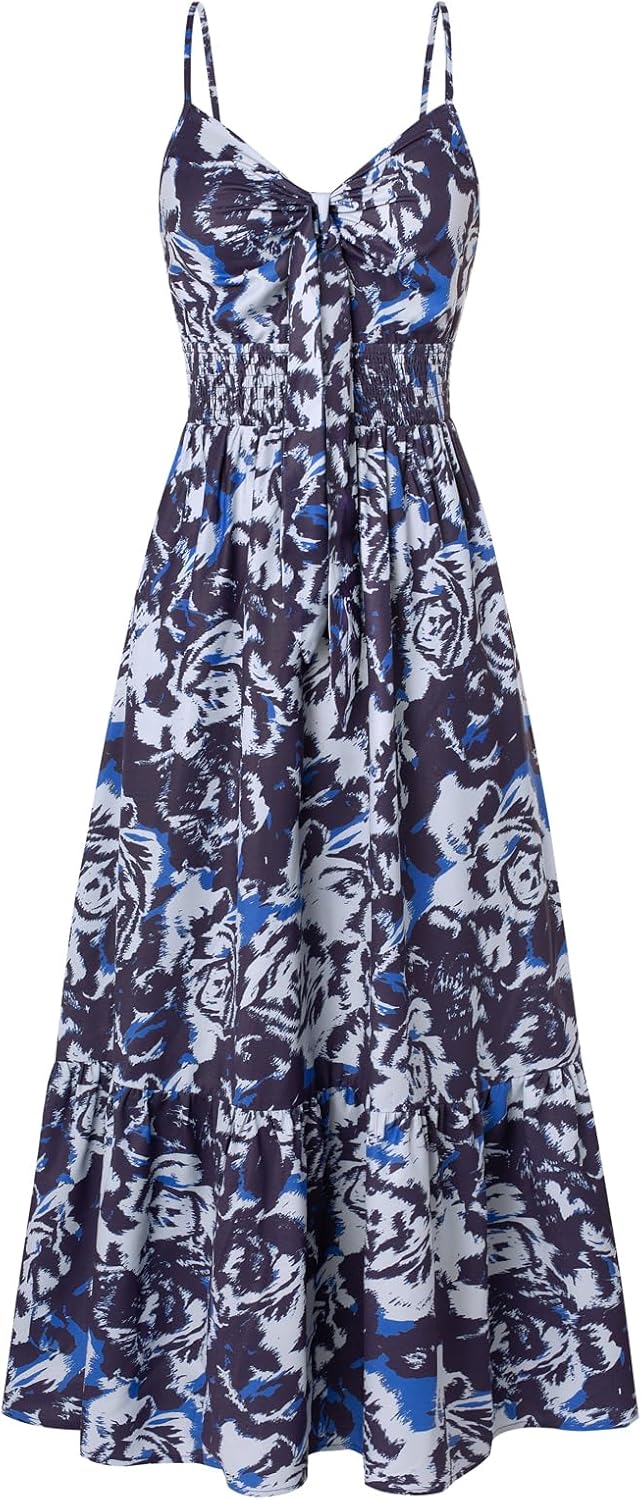 Summer Maxi Dress Floral Tie Front Casual Boho Beach Sundress