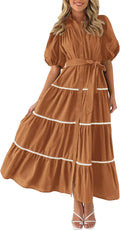 Women's Button Down Maxi Shirt Dress - Tiered Ruffle Flowy Style