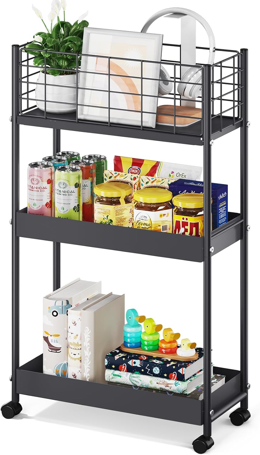 KINGRACK 3-Tier Metal Rolling Cart for Slim Storage Solutions