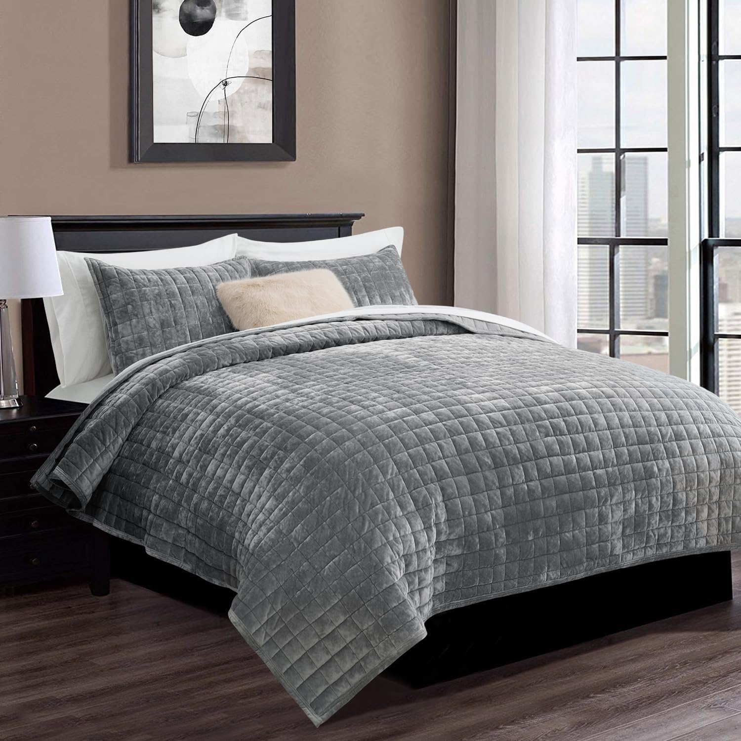Luxury Velvet Quilt Set for Full Queen Size Bedding in Gray