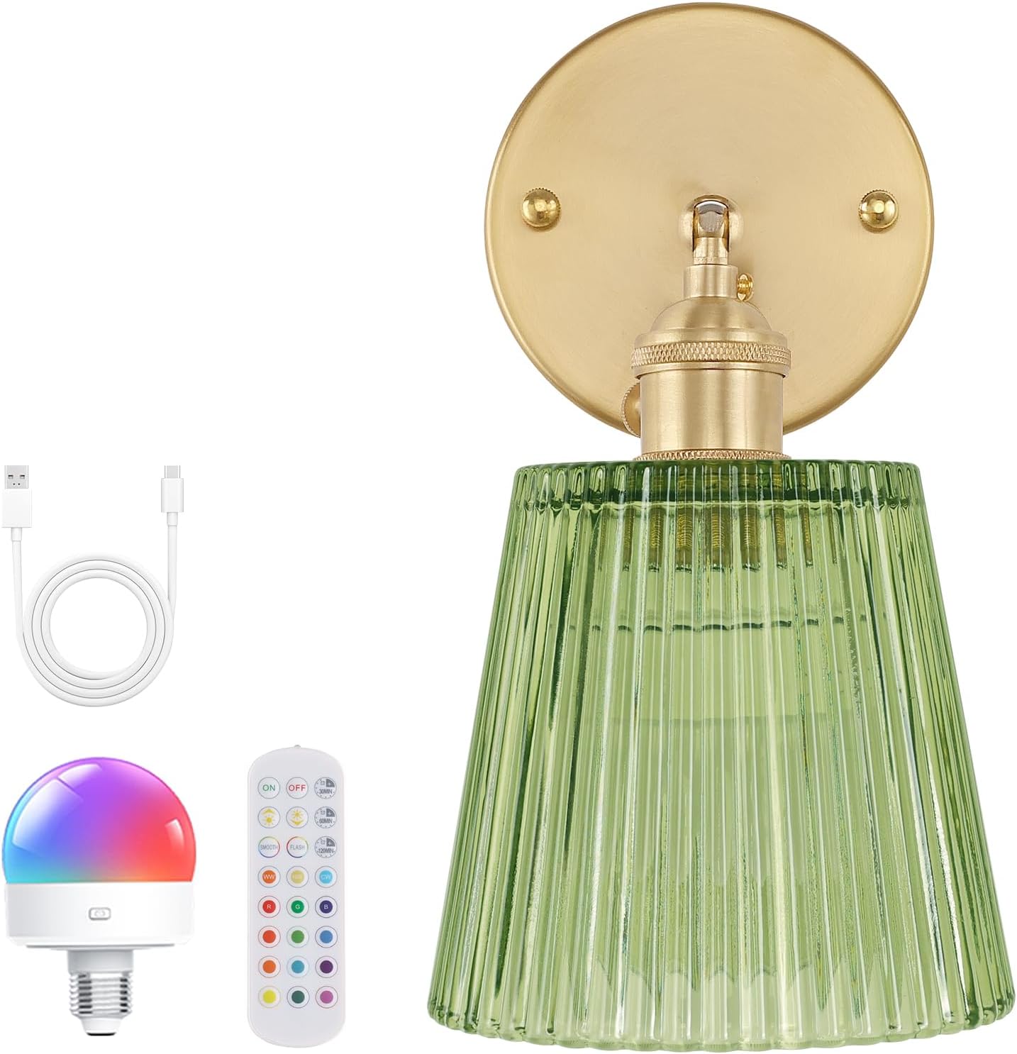 Vintage Battery Operated Wall Sconce with Green Stripe Glass