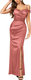 Off Shoulder Satin Maxi Dress for Women - Elegant High Split Evening