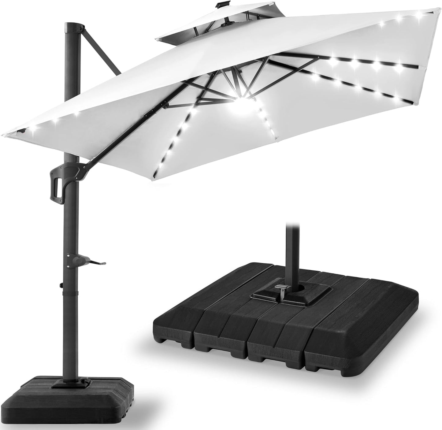 10x10ft Cantilever Patio Umbrella with Solar LED Lights and Base